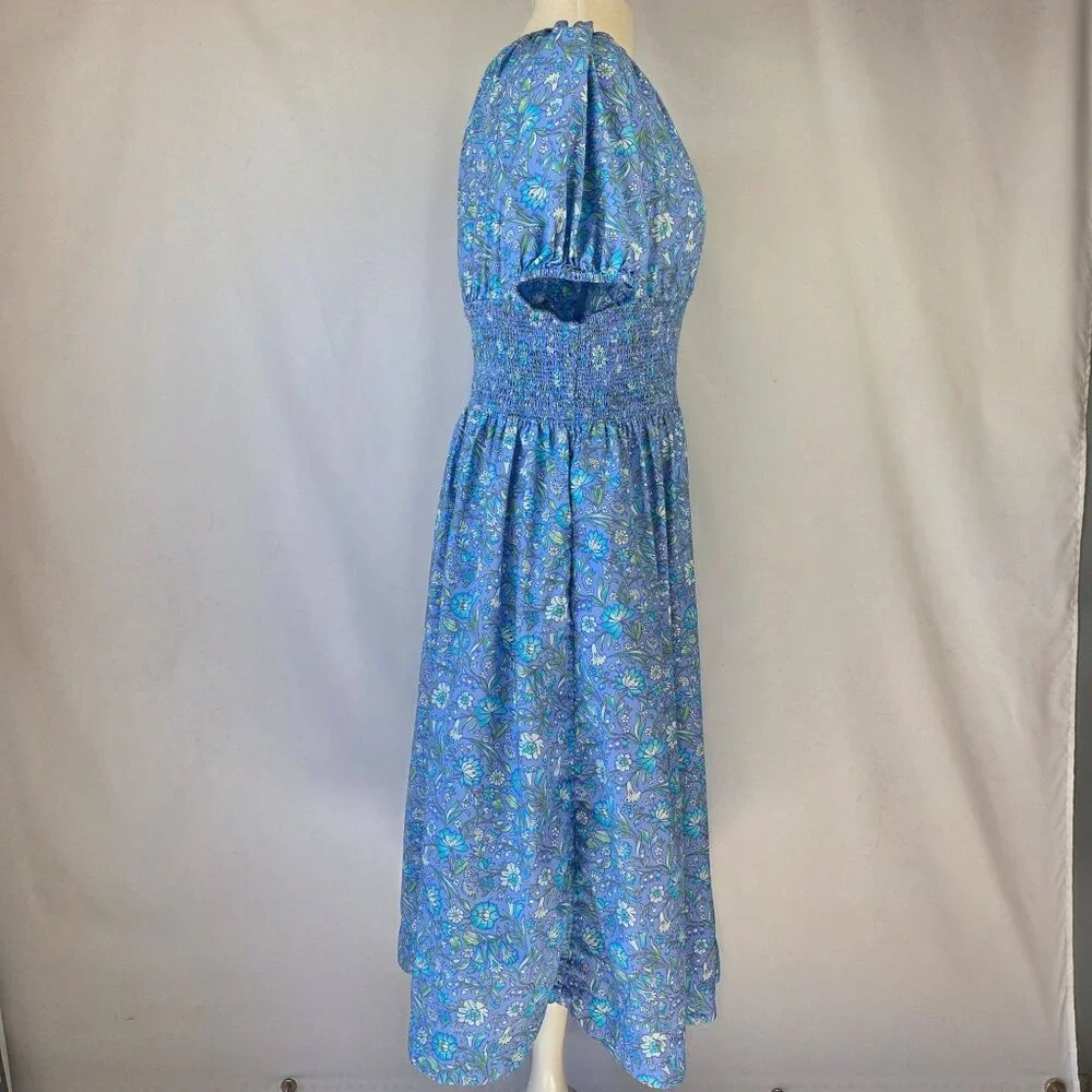 J.Crew Floral Provence Midi Dress With Smocked Waist & Puff Sleeves 100% Cotton